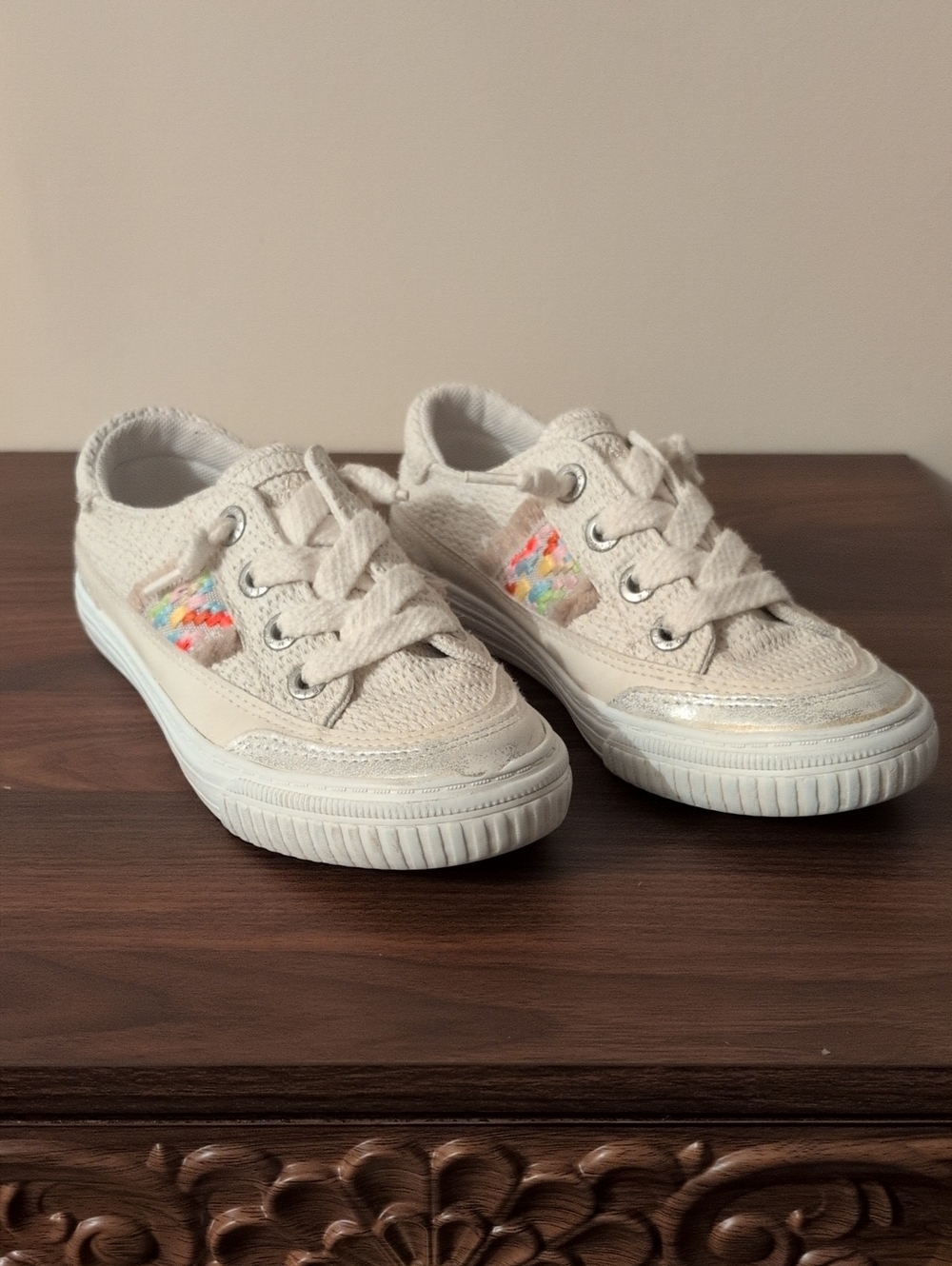 Blowfish Malibu Kids Cream Knit Sneakers with Rainbow Stitch Accent - Size 2